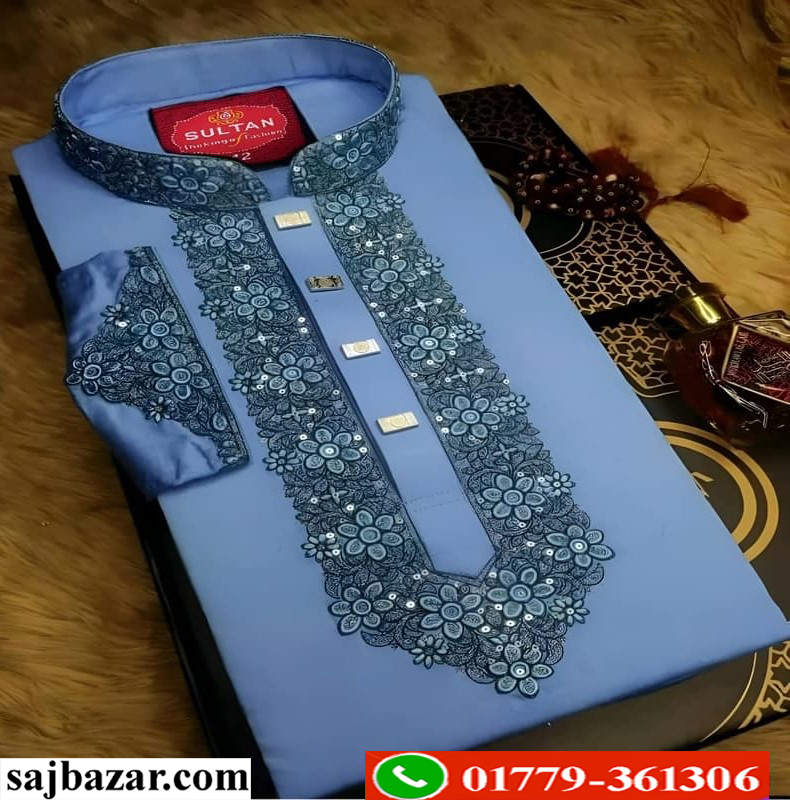China Micro Febrics Premium Sequence Embroidery Luxury Panjabi (Blue)