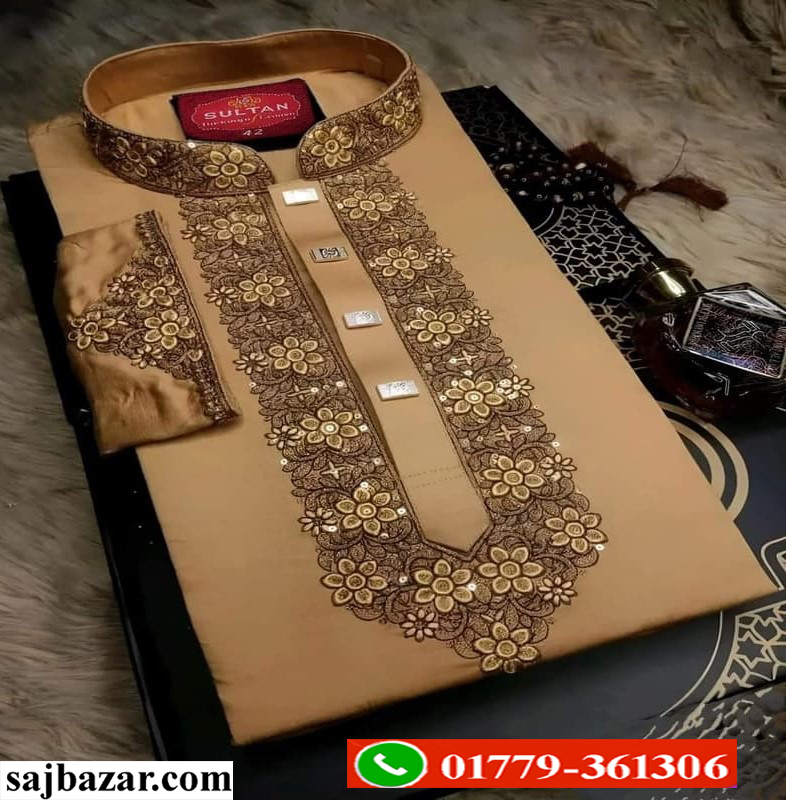 China Micro Febrics Premium Sequence Embroidery Luxury Panjabi (Brown)
