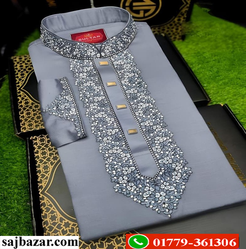 China Micro Febrics Premium Sequence Embroidery Luxury Panjabi (Ash]